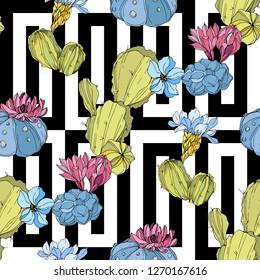 Vector Cacti floral botanical flower. Wild spring leaf wildflower isolated. Green and blue engraved ink art. Seamless background pattern. Fabric wallpaper print texture.