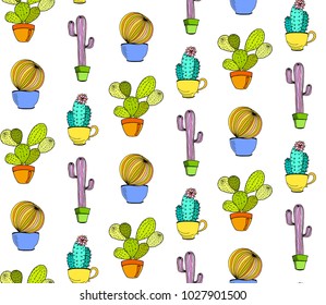 Vector cacti flower background. Seamless pattern with cactus in pot. Cartoon hand drawn cactus.