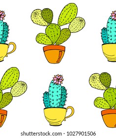 Vector cacti flower background. Seamless pattern with cactus in pot. Cartoon hand drawn cactus.