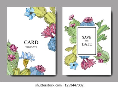 Vector Cacti flower. Wild spring leaf wildflower isolated. Engraved ink art. Wedding background card floral decorative border. Thank you, rsvp, invitation elegant card illustration graphic set banner.