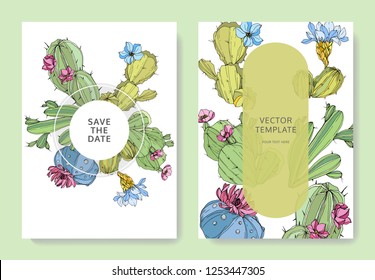 Vector Cacti flower. Wild spring leaf wildflower isolated. Engraved ink art. Wedding background card floral decorative border. Thank you, rsvp, invitation elegant card illustration graphic set banner.