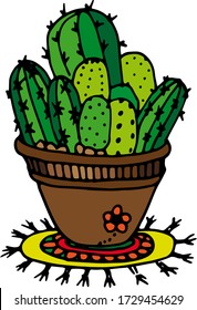 Cactus vectoriales en una olla de flores de estilo étnico sobre fondo blanco
