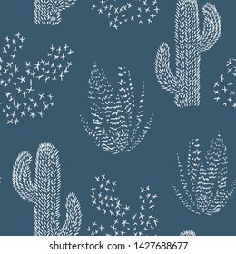 Vector cacti seamless pattern. Blue repeated texture with cactus and aloe. Natural hand drawing background with desert plants.