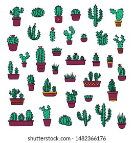 Vector cacti and succulents in colorful pots doodle illustration. Home and wild blooming cactus flower plants set.