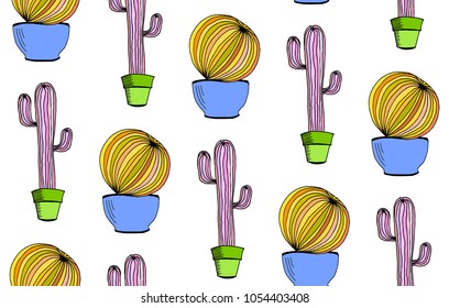 Vector cactus background. Seamless pattern with cactus in pot. Cartoon hand drawn cactus on white background