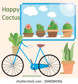 Vector Cactus in the basket of Bicycle with Sunshine Day , Happy Cactus
