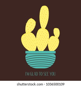 Vector Cactus in a Blue Pot on a Brown Background. Creative Vector Template with Text in Minimalism Style. Cactus Isolated for Card, Invitation, Paper, Postcard, Fabric, Textile or Your Project.