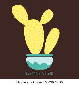 Vector Cactus in a Blue Pot on a Brown Background. Creative Vector Template with Text in Minimalism Style. Cactus Isolated for Card, Invitation, Paper, Postcard, Fabric, Textile or Your Project.