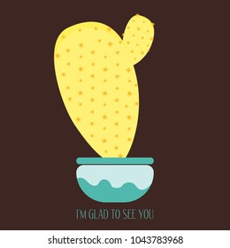 Vector Cactus in a Blue Pot on a Brown Background. Creative Vector Template with Text in Minimalism Style. Cactus Isolated for Card, Invitation, Paper, Postcard, Fabric, Textile or Your Project.