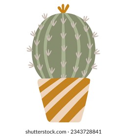 Vector cactus in a brown Pot on a white background. Creative vector template in Minimalism Style. Cactus isolated for card, invitation, paper, postcard, fabric, textile or your project.