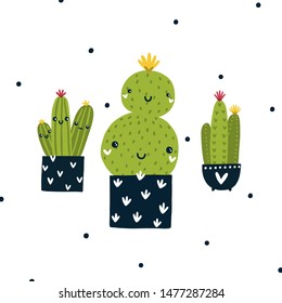 Vector cactus clipart Kawaii illustration Cute succulent with face Children print with dots on white background
