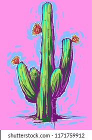 Vector Cactus comic sketchy Illustration. Creative  modern neon style, ink dots and lines. Flowers red. hand draw. painting. Colorful fresh summer colors