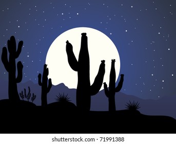 Vector Cactus In Desert At Night