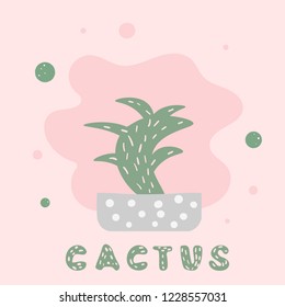 Vector cactus design.  Houseplant composition with lettering in doodle style.