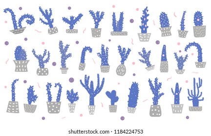 Vector cactus design set. Handdrawn collection of houseplant composition with decoration.