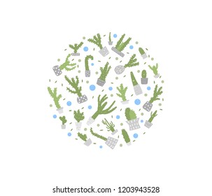 Vector cactus design set.  Houseplant round composition in doodle style.