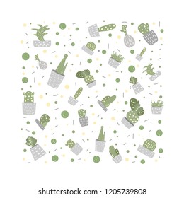 Vector cactus design set.  Houseplant square composition in doodle style.