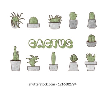 Vector cactus design set.  Houseplant collection with lettering in doodle style.