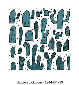 Vector cactus design set.  Square composition in doodle style.