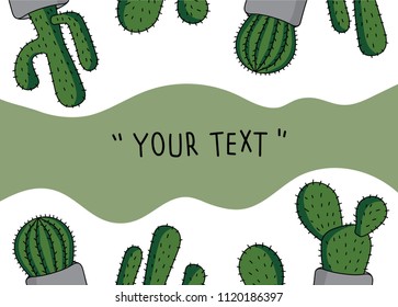 Vector Cactus doodle in cement pots isolated on white background , space for text