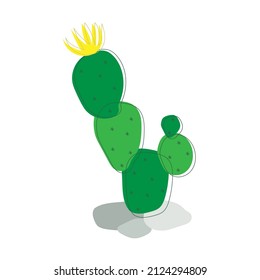 Vector cactus drawn with simple lines. Green succulent with a flower on a white background