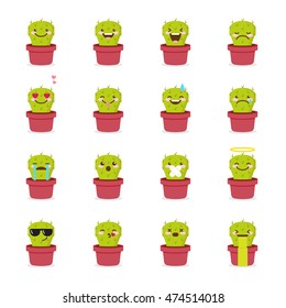 Vector cactus emoji set. Funny cartoon succulent emoticons.