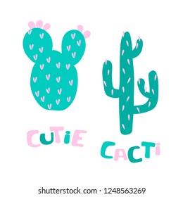 vector cactus exotic pricky childish funny plant on white word cacti cutie lettering for design paper textil 