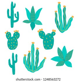 vector cactus exotic pricky childish funny plant element set pattern for kids on white for design paper textil 