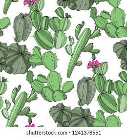 Vector Cactus. Floral botanical flower. Green engraved ink art.Seamless background pattern. Fabric wallpaper print texture.
