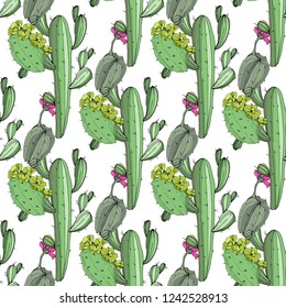 Vector Cactus. Floral botanical flower. Green engraved ink art.Seamless background pattern. Fabric wallpaper print texture.