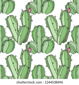Vector Cactus. Floral botanical flower. Green engraved ink art.Seamless background pattern. Fabric wallpaper print texture.