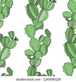 Vector Cactus. Floral botanical flower. Green engraved ink art.Seamless background pattern. Fabric wallpaper print texture.
