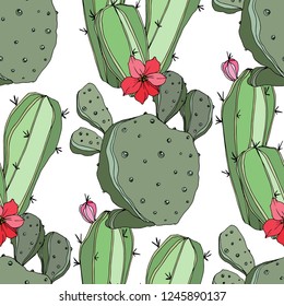 Vector Cactus. Floral botanical flower. Green engraved ink art.Seamless background pattern. Fabric wallpaper print texture.