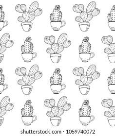 Vector cactus flower background. Seamless pattern with cactus in pot. Hand drawn cactus coloring page book