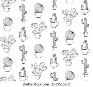Vector cactus flower background. Seamless pattern with cactus in pot. Cartoon hand drawn cactus.