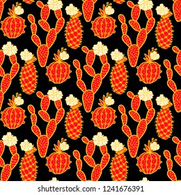 Vector cactus with flower hand drawn seamless pattern. Gold line with red on a black background. Chinese New Year palette.