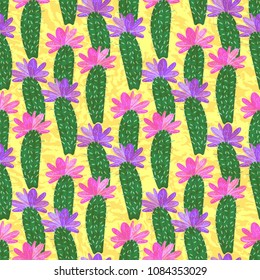 Vector Cactus with flowers pattern isolated isolated on yellow background.
