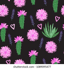 Vector Cactus with flowers pattern isolated isolated on dark background.