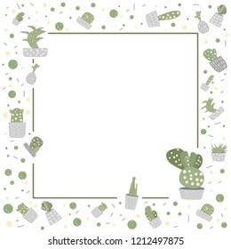 Vector cactus frame template.  Houseplant square border composition in doodle style.