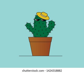 Vector Cactus in Glasses and Hat on a Blue Background