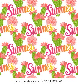 Vector Cactus greem with orange flowers pattern isolated on white background. Summer lettering