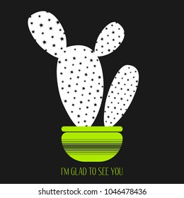 Vector Cactus in a Green Pot on a Dark Background. Creative Vector Template with Text in Minimalism Style. White Cactus Isolated for Card, Invitation, Paper, Postcard, Fabric, Textile or Your Project.