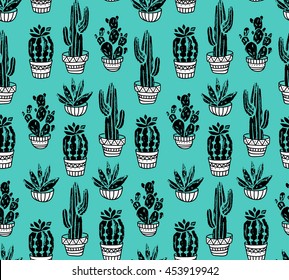 Vector Cactus hand-drawn seamless pattern. Grunge silhouette print linocut.  Fabric design with potted cacti and succulents.