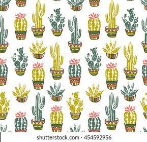 Vector Cactus hand-drawn seamless pattern. Grunge silhouette print linocuts.  Fabric design with potted cacti and succulents.