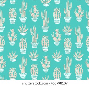Vector Cactus hand-drawn seamless pattern. Grunge silhouette print linocuts.  Fabric design with potted cacti and succulents.