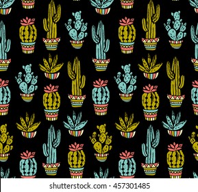 Vector Cactus hand-drawn seamless pattern. Grunge silhouette print linocuts.  Fabric design with potted cacti and succulents.