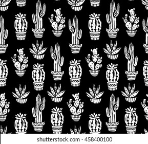 Vector Cactus hand-drawn seamless pattern. Grunge silhouette print linocuts.  Fabric design with potted cacti and succulents.