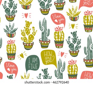 Vector Cactus hand-drawn seamless pattern. Grunge silhouette print linocuts with dialogs.  Fabric design with potted cacti and succulents.