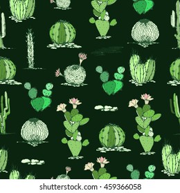 Vector Cactus hand-drawn seamless pattern.Different types of succulent. Vector contour image. Doodle style. 