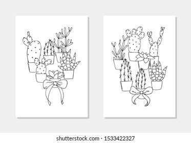 vector cactus house plant element setcoloring book outline illustration